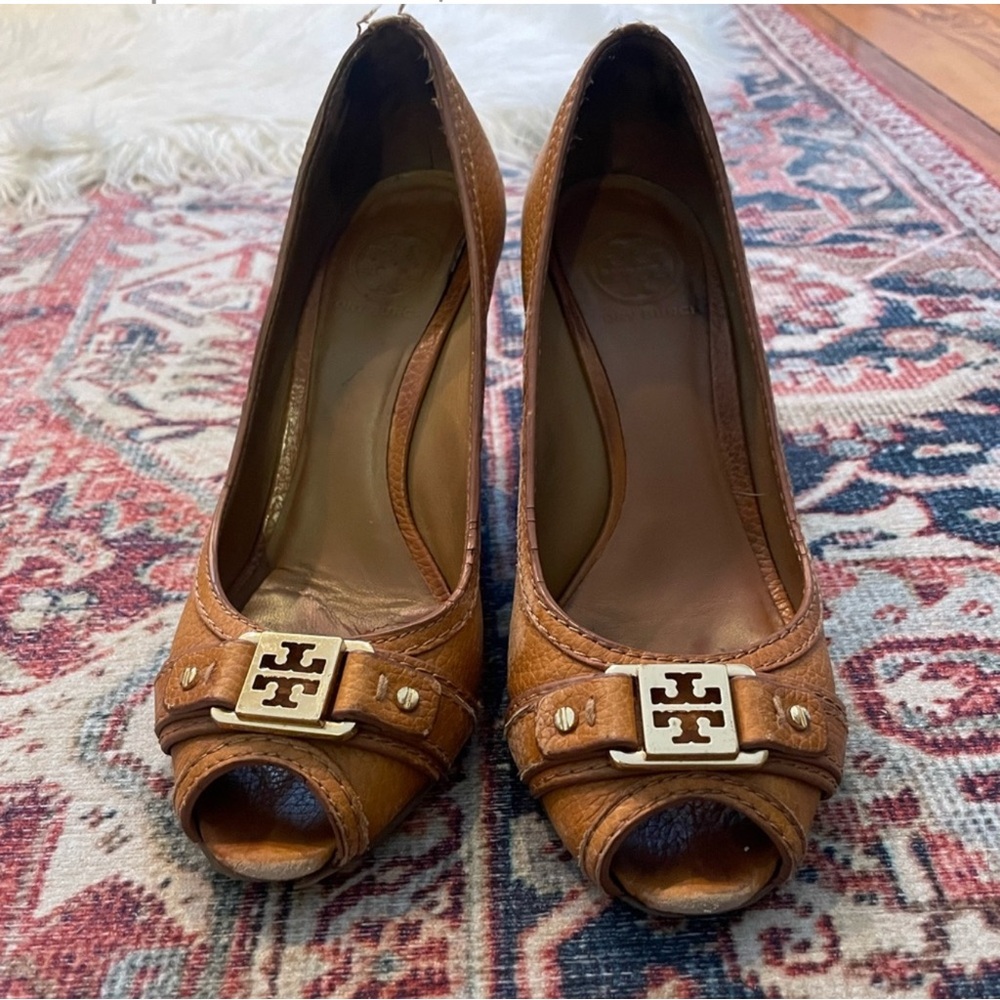 Tory Burch cognac leather peep toe wedges. Size 7.